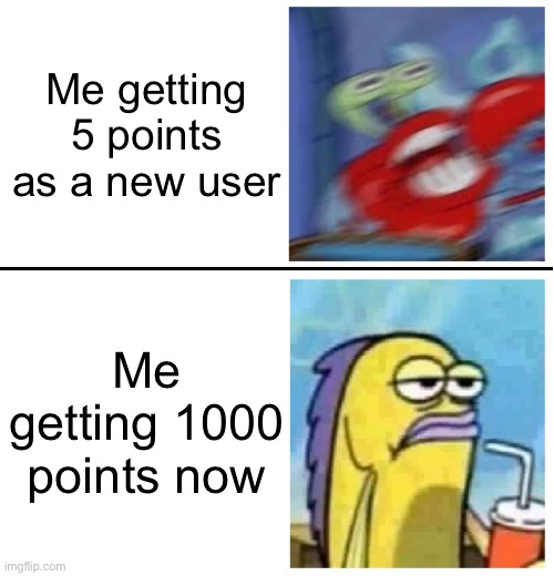 Excited vs Bored | Me getting 5 points as a new user; Me getting 1000 points now | image tagged in excited vs bored | made w/ Imgflip meme maker