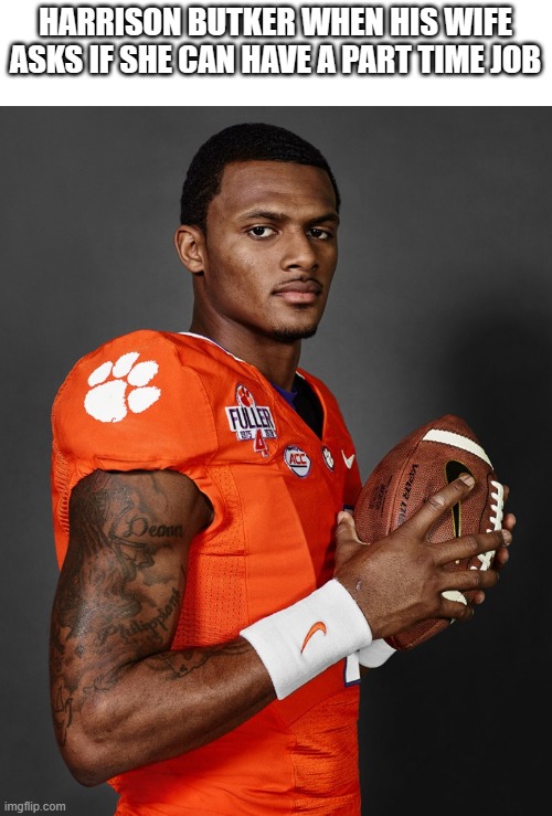 Deshaun Watson | HARRISON BUTKER WHEN HIS WIFE ASKS IF SHE CAN HAVE A PART TIME JOB | image tagged in deshaun watson | made w/ Imgflip meme maker
