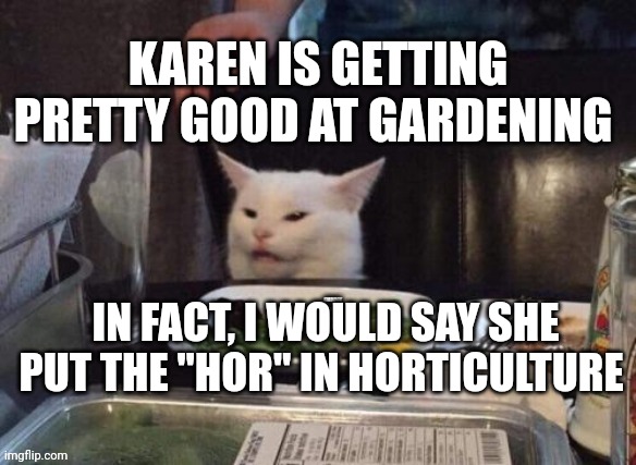 Smudge that darn cat | KAREN IS GETTING PRETTY GOOD AT GARDENING; IN FACT, I WOULD SAY SHE PUT THE "HOR" IN HORTICULTURE | image tagged in smudge that darn cat | made w/ Imgflip meme maker