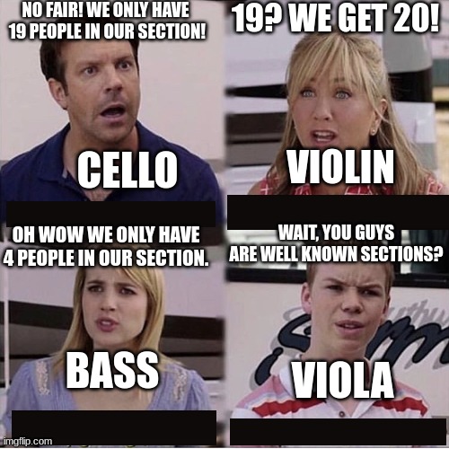 Orchestra in a nutshell | NO FAIR! WE ONLY HAVE  19 PEOPLE IN OUR SECTION! 19? WE GET 20! CELLO; VIOLIN; WAIT, YOU GUYS ARE WELL KNOWN SECTIONS? OH WOW WE ONLY HAVE 4 PEOPLE IN OUR SECTION. BASS; VIOLA | image tagged in you guys are getting paid template | made w/ Imgflip meme maker