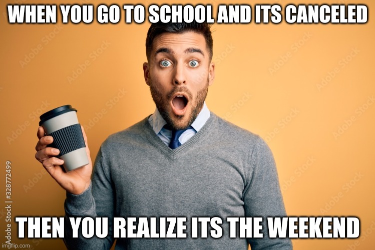 When schools canceled | WHEN YOU GO TO SCHOOL AND ITS CANCELED; THEN YOU REALIZE ITS THE WEEKEND | image tagged in funny memes,fun | made w/ Imgflip meme maker