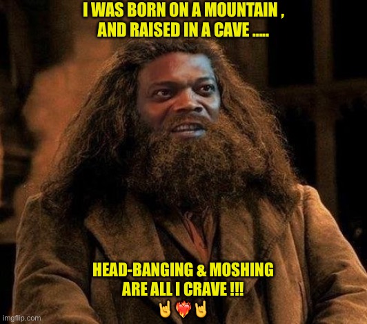 Born On A Mountain , Raised In A Cave !!!  : ) | I WAS BORN ON A MOUNTAIN ,
AND RAISED IN A CAVE ….. HEAD-BANGING & MOSHING
ARE ALL I CRAVE !!!
🤘❤️‍🔥🤘 | image tagged in samuel hagrid | made w/ Imgflip meme maker