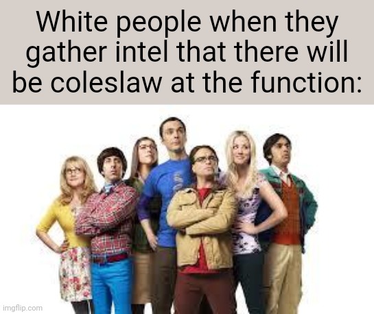Big Bang Theory | White people when they gather intel that there will be coleslaw at the function: | image tagged in big bang theory | made w/ Imgflip meme maker