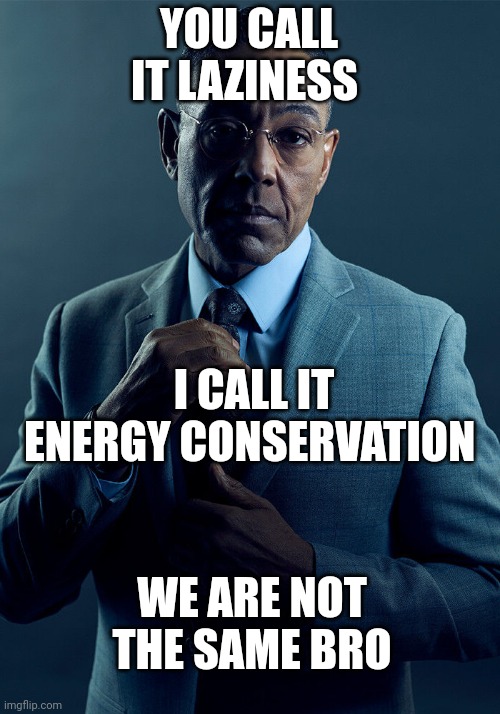 What will your tired a$$ going to do if an zombie apocalypse occurs | YOU CALL IT LAZINESS; I CALL IT ENERGY CONSERVATION; WE ARE NOT THE SAME BRO | image tagged in gus fring we are not the same | made w/ Imgflip meme maker