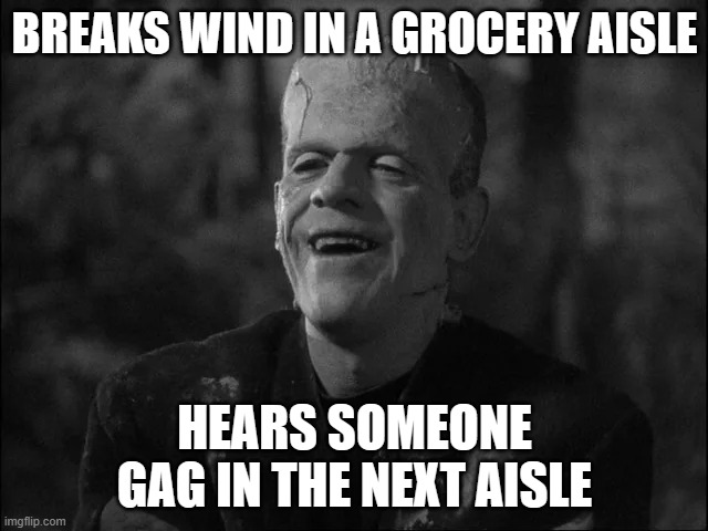 BREAKS WIND IN A GROCERY AISLE   HEARS SOMEONE GAG IN THE NEXT AISLE | BREAKS WIND IN A GROCERY AISLE; HEARS SOMEONE GAG IN THE NEXT AISLE | image tagged in frankenstein's monster | made w/ Imgflip meme maker