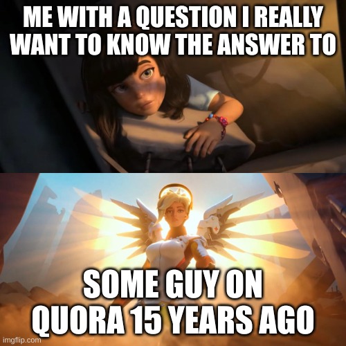 Quora has goated users | ME WITH A QUESTION I REALLY WANT TO KNOW THE ANSWER TO; SOME GUY ON QUORA 15 YEARS AGO | image tagged in overwatch mercy meme,internet,question | made w/ Imgflip meme maker