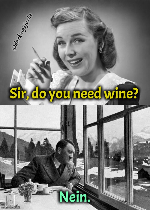 Just a glass of juice. | @darking2jarlie; Sir, do you need wine? Nein. | image tagged in waitress,hitler dinner,hitler | made w/ Imgflip meme maker