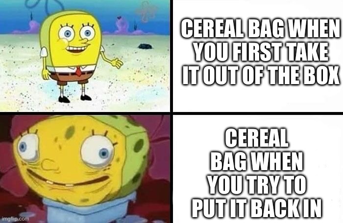 CEREAL BAG WHEN YOU FIRST TAKE IT OUT OF THE BOX; CEREAL BAG WHEN YOU TRY TO PUT IT BACK IN | made w/ Imgflip meme maker