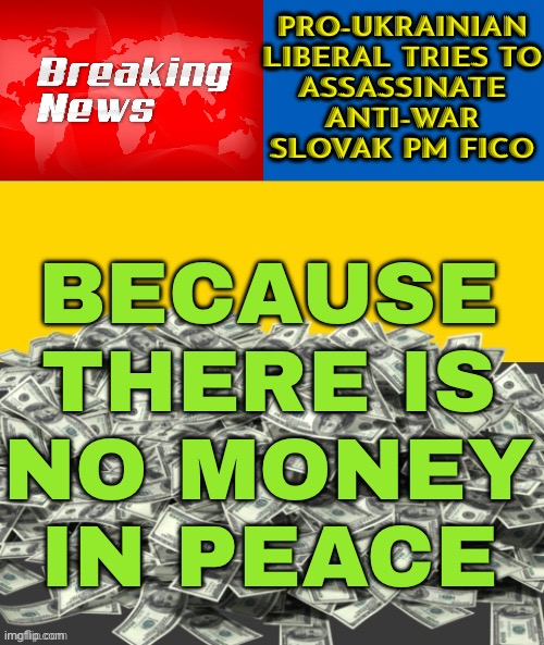 Slovakia's Anti-War PM Robert Fico Shot | PRO-UKRAINIAN LIBERAL TRIES TO
ASSASSINATE
ANTI-WAR
SLOVAK PM FICO; BECAUSE
THERE IS
NO MONEY
IN PEACE | image tagged in ukraine kickback scsm,european union,europe,anti-war,world war 3,triggered liberal | made w/ Imgflip meme maker