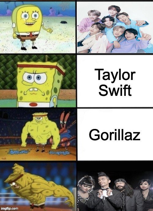 SpongeBob Strength | Taylor Swift; Gorillaz | image tagged in spongebob strength,memes,meme,funny,fun,music | made w/ Imgflip meme maker