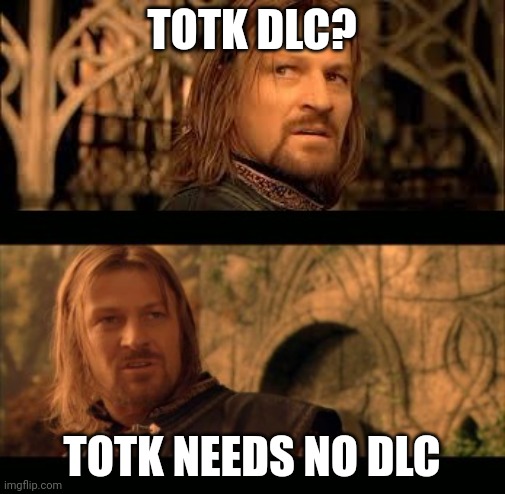 Zelda TOTK needs no DLC | TOTK DLC? TOTK NEEDS NO DLC | image tagged in gondor has no king,zelda,totk,dlc | made w/ Imgflip meme maker
