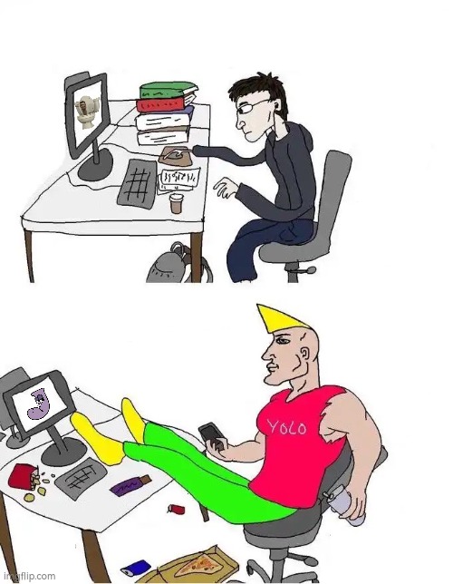 skibidi vs J | image tagged in virgin vs chad computer | made w/ Imgflip meme maker