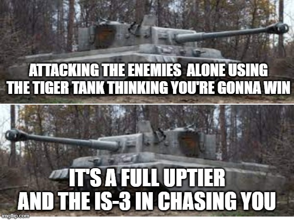 Over confident German player | ATTACKING THE ENEMIES  ALONE USING THE TIGER TANK THINKING YOU'RE GONNA WIN; IT'S A FULL UPTIER AND THE IS-3 IN CHASING YOU | image tagged in war thunder | made w/ Imgflip meme maker
