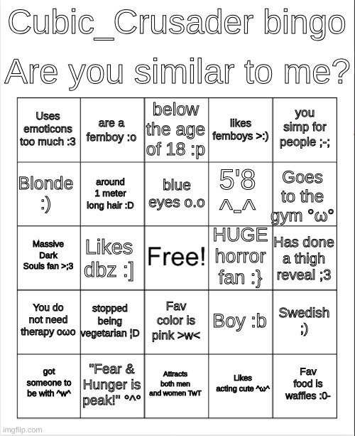 Cubic_Crusader bingo ^-^ Blank Meme Template