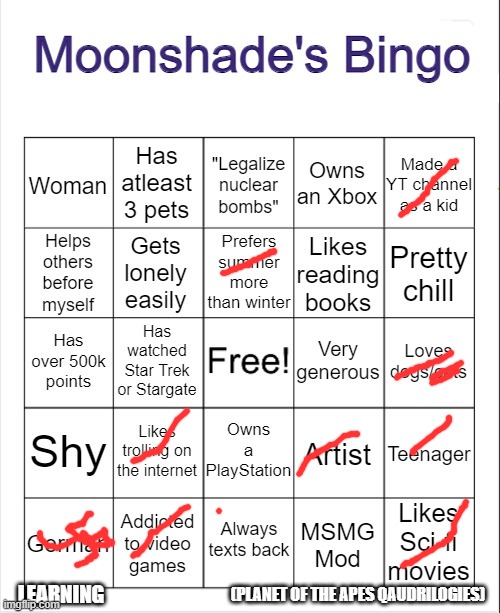 Moonshade's Bingo | LEARNING (PLANET OF THE APES QAUDRILOGIES) | image tagged in moonshade's bingo | made w/ Imgflip meme maker