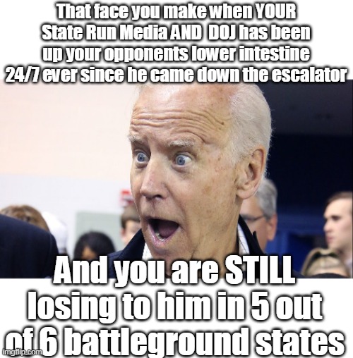 Obama's PAL is making MY day | That face you make when YOUR State Run Media AND  DOJ has been up your opponents lower intestine 24/7 ever since he came down the escalator; And you are STILL losing to him in 5 out of 6 battleground states | image tagged in biden losing in battleground states meme | made w/ Imgflip meme maker