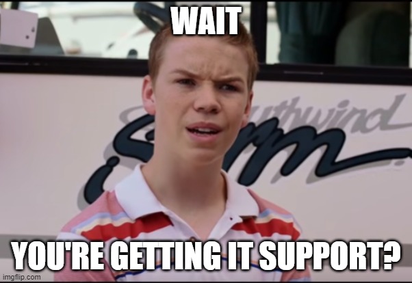 Wait you get IT support? | WAIT; YOU'RE GETTING IT SUPPORT? | image tagged in you guys are getting paid | made w/ Imgflip meme maker