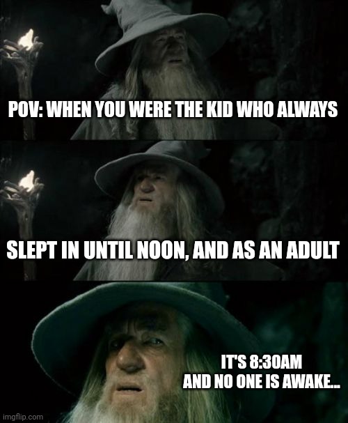 Confused Gandalf Meme | POV: WHEN YOU WERE THE KID WHO ALWAYS; SLEPT IN UNTIL NOON, AND AS AN ADULT; IT'S 8:30AM AND NO ONE IS AWAKE... | image tagged in memes,confused gandalf | made w/ Imgflip meme maker