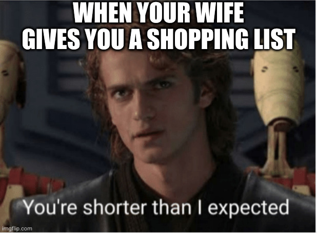 anakin skywalker | WHEN YOUR WIFE GIVES YOU A SHOPPING LIST | image tagged in anakin skywalker | made w/ Imgflip meme maker