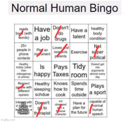 Normal human bingo | lol what friends | image tagged in normal human bingo | made w/ Imgflip meme maker