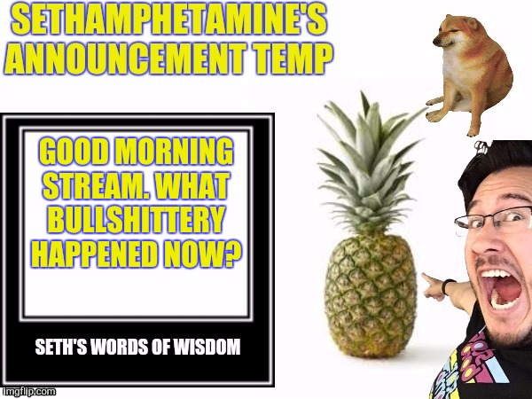 Seth's announcement temp | GOOD MORNING STREAM. WHAT BULLSHITTERY HAPPENED NOW? | image tagged in seth's announcement temp | made w/ Imgflip meme maker