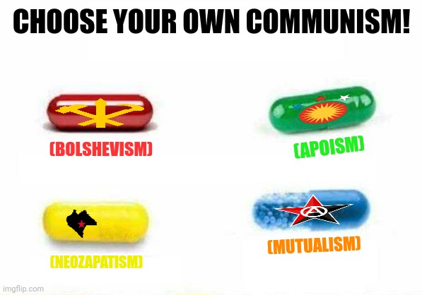 CHOOSE YOUR OWN COMMUNISM! (BOLSHEVISM); (APOISM); (MUTUALISM); (NEOZAPATISM) | image tagged in memes,commie,pill | made w/ Imgflip meme maker