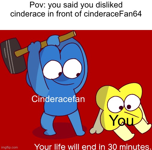 Your life will end in 30 minutes | Pov: you said you disliked cinderace in front of cinderaceFan64; Cinderacefan; You | image tagged in your life will end in 30 minutes | made w/ Imgflip meme maker