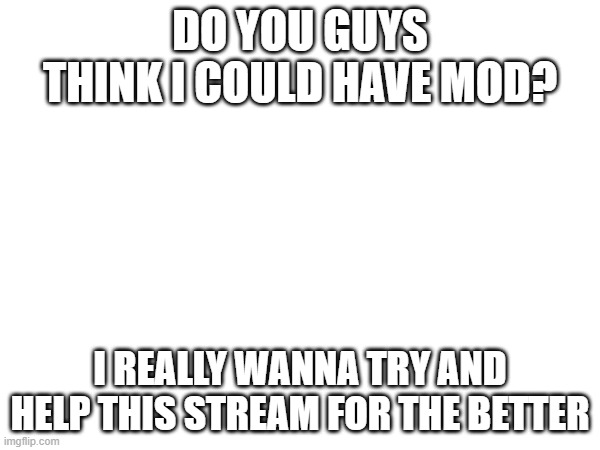 e | DO YOU GUYS THINK I COULD HAVE MOD? I REALLY WANNA TRY AND HELP THIS STREAM FOR THE BETTER | image tagged in e | made w/ Imgflip meme maker