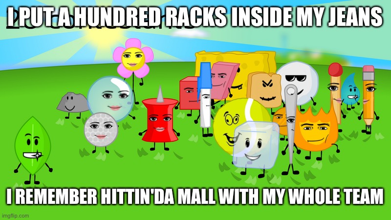Bfdi with Roblox faces | I PUT A HUNDRED RACKS INSIDE MY JEANS I REMEMBER HITTIN'DA MALL WITH MY WHOLE TEAM | image tagged in bfdi with roblox faces | made w/ Imgflip meme maker