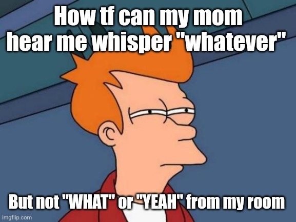 Futurama Fry Meme | How tf can my mom hear me whisper "whatever"; But not "WHAT" or "YEAH" from my room | image tagged in memes,futurama fry | made w/ Imgflip meme maker