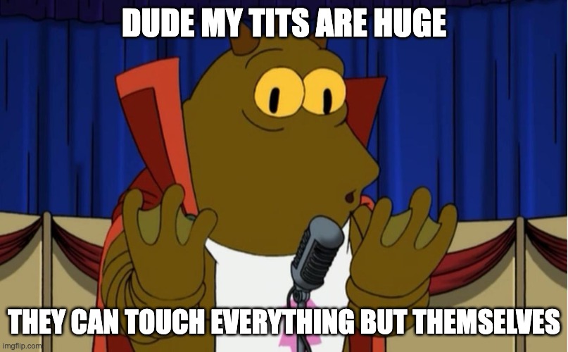 My hands are huge | DUDE MY TITS ARE HUGE; THEY CAN TOUCH EVERYTHING BUT THEMSELVES | image tagged in my hands are huge | made w/ Imgflip meme maker