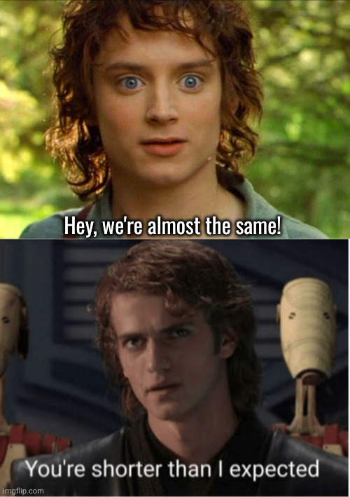 Annie, you're such a friendly | Hey, we're almost the same! | image tagged in memes,surpised frodo,anakin skywalker,frodo,lotr | made w/ Imgflip meme maker