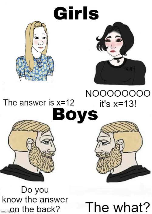 Girls vs Boys | The answer is x=12; NOOOOOOOO it's x=13! Do you know the answer on the back? The what? | image tagged in girls vs boys,math,school sucks | made w/ Imgflip meme maker