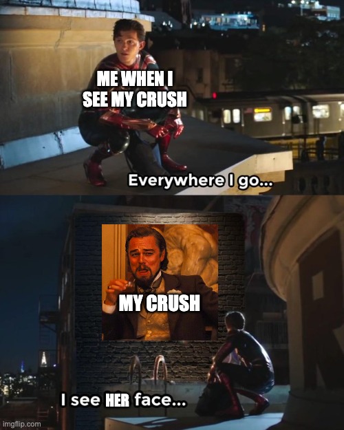 Crushes | ME WHEN I SEE MY CRUSH; MY CRUSH; HER | image tagged in everywhere i go i see his face | made w/ Imgflip meme maker