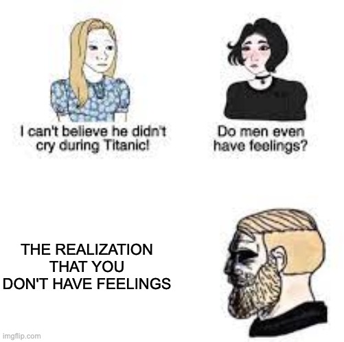 confusion | THE REALIZATION THAT YOU DON'T HAVE FEELINGS | image tagged in i can't believe he didn't cry at the titanic,visible confusion | made w/ Imgflip meme maker