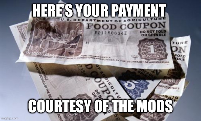 Food Stamps | HERE’S YOUR PAYMENT COURTESY OF THE MODS | image tagged in food stamps | made w/ Imgflip meme maker