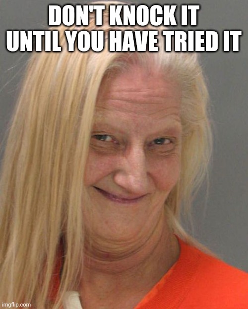 Don't knock it | DON'T KNOCK IT UNTIL YOU HAVE TRIED IT | image tagged in funny ugly mugshot,funny memes | made w/ Imgflip meme maker