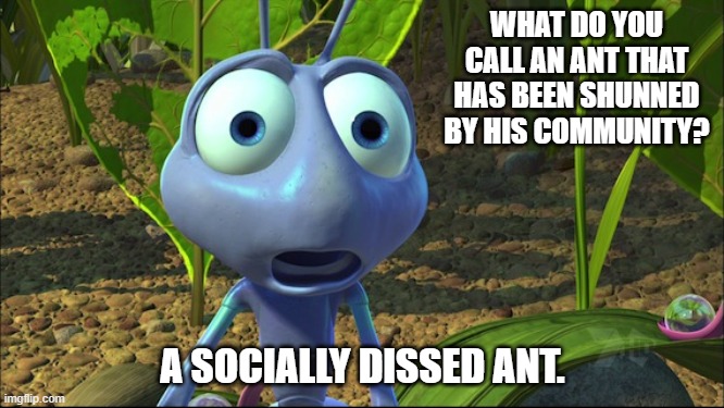 Daily Bad Dad Joke May 17, 2024 | WHAT DO YOU CALL AN ANT THAT HAS BEEN SHUNNED BY HIS COMMUNITY? A SOCIALLY DISSED ANT. | image tagged in shocked ant from a bug's life | made w/ Imgflip meme maker