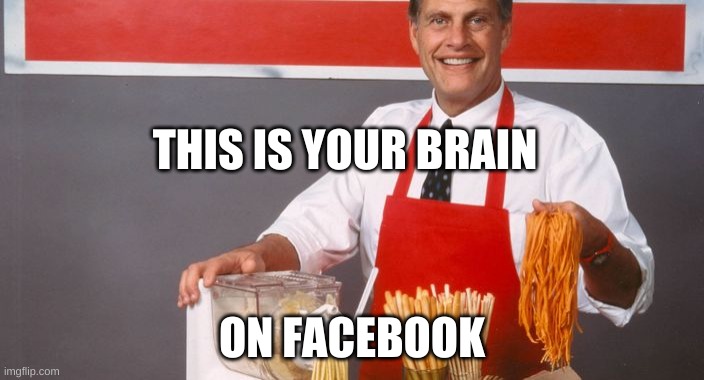 Your Brain on Facebook | THIS IS YOUR BRAIN; ON FACEBOOK | image tagged in ron popeil,brain,facebook,thats a lot of damage,brain dead,what if i told you | made w/ Imgflip meme maker