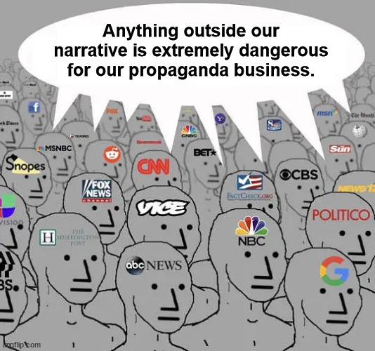 Anything outside our narrative is extremely dangerous for our propaganda business. | made w/ Imgflip meme maker