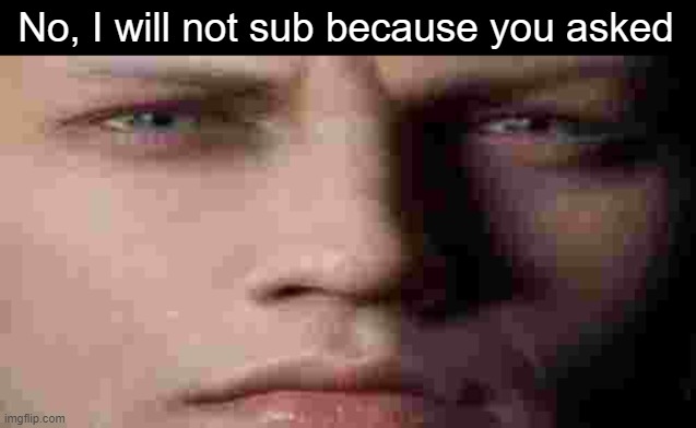 No, I will not sub because you asked | image tagged in dmc5 vergil staring v3 | made w/ Imgflip meme maker
