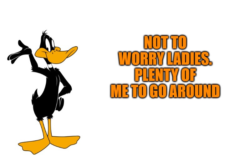 daffy speaking | NOT TO WORRY LADIES.
PLENTY OF ME TO GO AROUND | image tagged in daffy speaking | made w/ Imgflip meme maker