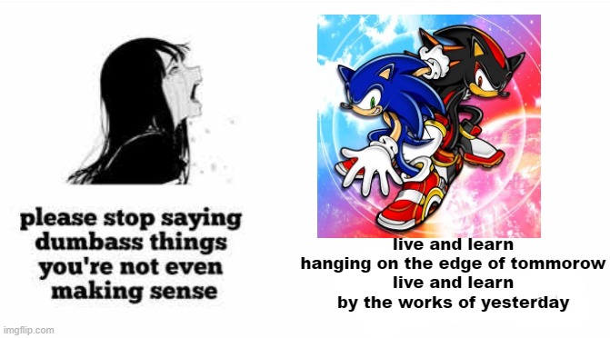 such a banger | live and learn
hanging on the edge of tommorow
live and learn
by the works of yesterday | image tagged in please stop saying dumbass things youre not even making sense,sonic | made w/ Imgflip meme maker