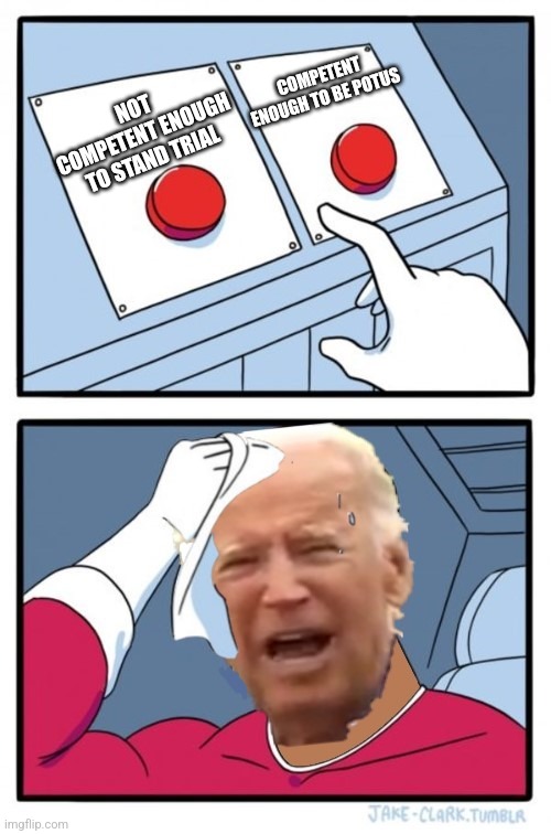 Biden two buttons | COMPETENT ENOUGH TO BE POTUS; NOT COMPETENT ENOUGH TO STAND TRIAL | image tagged in two buttons,biden,senile,dementia | made w/ Imgflip meme maker