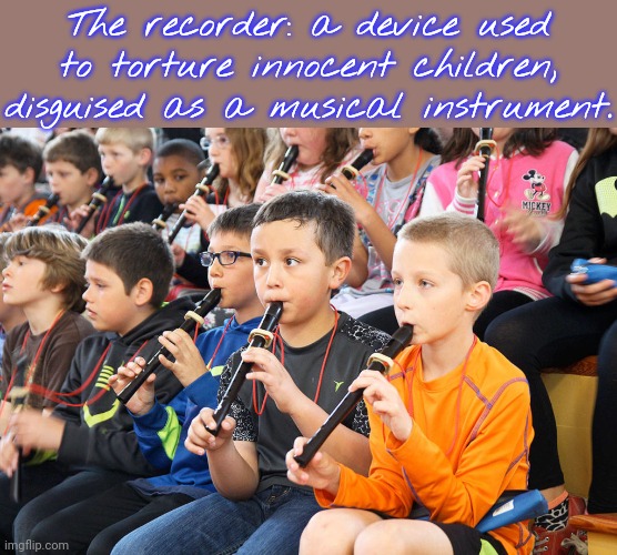 Crushing those who might have made music as adults. | The recorder: a device used to torture innocent children, disguised as a musical instrument. | image tagged in school days,pointless,waste of time,noise | made w/ Imgflip meme maker
