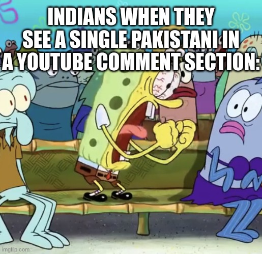So whiny and immature... | INDIANS WHEN THEY SEE A SINGLE PAKISTANI IN A YOUTUBE COMMENT SECTION: | image tagged in spongebob yelling,funny,indian,pakistan,cyberbullying,spongebob | made w/ Imgflip meme maker
