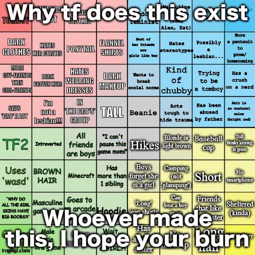 The tomboy bingo | Why tf does this exist; Whoever made this, I hope your burn | image tagged in the tomboy bingo | made w/ Imgflip meme maker