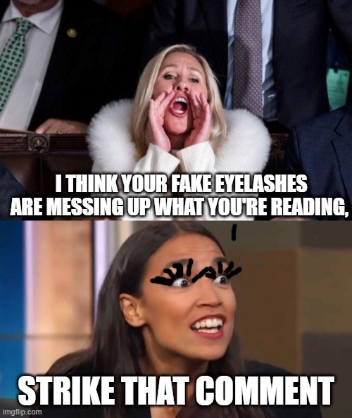 Who Would Win This Fist Fight? | I THINK YOUR FAKE EYELASHES ARE MESSING UP WHAT YOU'RE READING, STRIKE THAT COMMENT | image tagged in marjorie taylor greene,crazy aoc | made w/ Imgflip meme maker