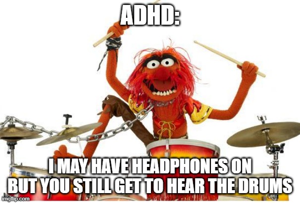 animal drums | ADHD:; I MAY HAVE HEADPHONES ON BUT YOU STILL GET TO HEAR THE DRUMS | image tagged in animal drums | made w/ Imgflip meme maker