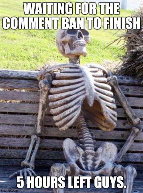 Waiting Skeleton Meme | WAITING FOR THE COMMENT BAN TO FINISH; 5 HOURS LEFT GUYS. | image tagged in memes,waiting skeleton | made w/ Imgflip meme maker